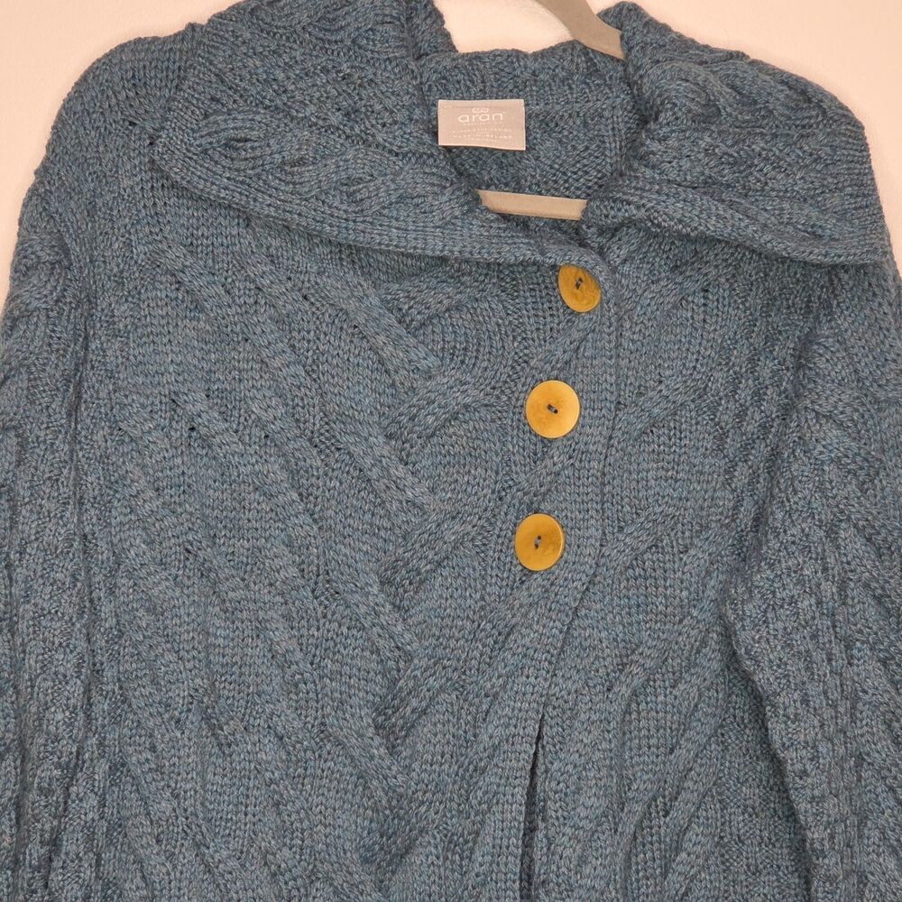 Aran Woollen Mills Cardigan Womens 2XL XXL Teal Merino Wool Cable Knit Sweater - Picture 5 of 8